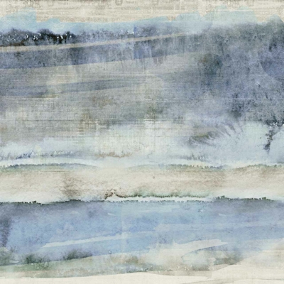 Abstract watercolor wallpaper with shades of blue, gray, and white. Horizontal brush strokes create a misty, serene landscape. Varying color intensity and blended tones evoke a calm, ethereal atmosphere.