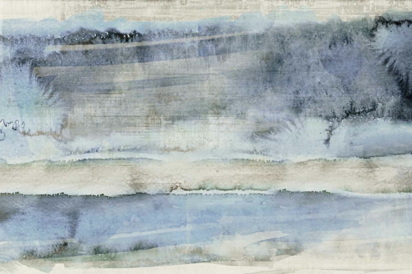 Abstract watercolor wallpaper with shades of blue, gray, and white. Horizontal brush strokes create a misty, serene landscape. Varying color intensity and blended tones evoke a calm, ethereal atmosphere.