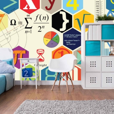 The wallpaper in the room is brightly decorated with a plethora of colorful elements. It features various mathematical symbols, equations, and geometric shapes in vibrant hues. Among these, you can spot elements from Einstein's theory of relativity prominently displayed. The overall palette includes bold reds, blues, greens, and yellows scattered across the wall in an intricate yet playful pattern.