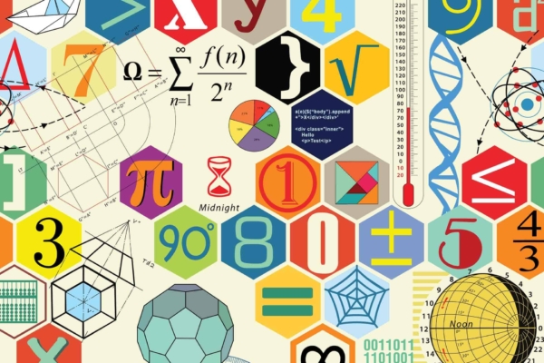 Vibrant wallpaper collage featuring math and science motifs: DNA helix, colorful geometric shapes, integrals ∫, pi (π), binary code (101010), hourglass symbols, protractor images, graphs with plotted curves. Enhanced with elements from the theory of relativity (E=mc²) and Einstein's insights surrounded by blueprints. Dominant colors include bright blues, vivid reds, neon greens, bold yellows. Iconic white equations on a dark background scattered throughout the visual tapestry.