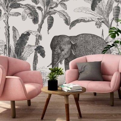The wallpaper features a black-and-white mural of banana trees and an elephant.