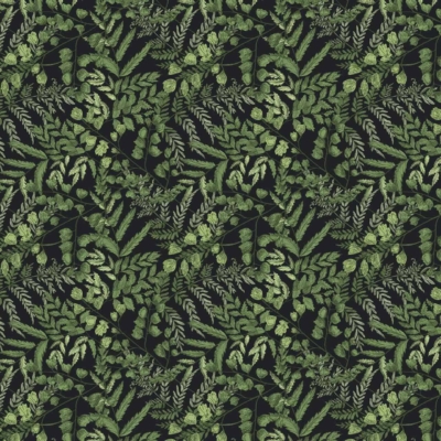 Wallpaper pattern featuring:
- Green ferns
- Varied leaves
- Dense arrangement
- Black background
- Vibrant, lush foliage texture
- Emerald tapestry feel