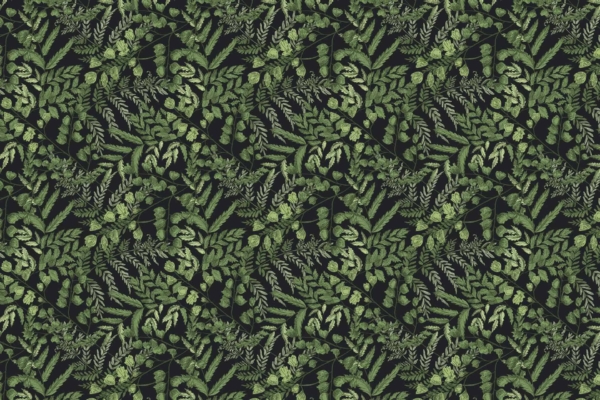 Wallpaper pattern featuring:
- Green ferns
- Varied leaves
- Dense arrangement
- Black background
- Vibrant, lush foliage texture
- Emerald tapestry feel