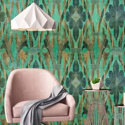 The wallpaper features an intricate pattern with emerald and blue hues, showcasing geometric shapes and ornate designs.
