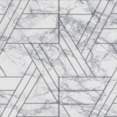 White marble tiles, intricate grey veining, interlocking triangular shapes, modern mosaic design, sophisticated pattern, Empire State allure.