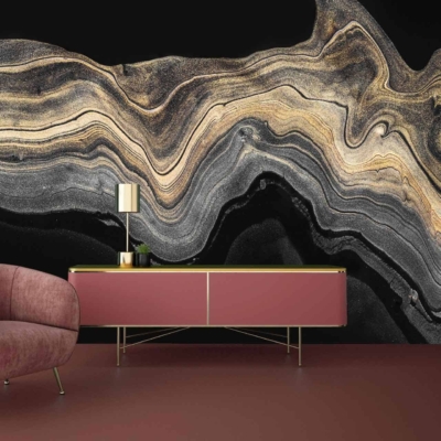 Abstract mural wallpaper: swirling patterns, black, gold, beige. Geological formations. Energy fields.