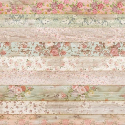 Horizontal wooden planks, floral designs, pink flowers, green leaves, beige accents, vintage style, rustic look, cottage aesthetic, English Channel charm.