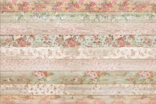 Horizontal wooden planks, floral designs, pink flowers, green leaves, beige accents, vintage style, rustic look, cottage aesthetic, English Channel charm.