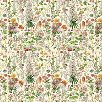 A detailed floral pattern wallpaper, showcasing a variety of vibrant flowers such as sunflowers, daisies, lupines, and wild roses. Green leaves and stems weave through the design set against a crisp white background. The rich tapestry evokes Elizabeth's Garden with bright yellows, whites, purples, pinks, and lush green hues. Ideal for searches highlighting botanical motifs with strong elements of sunflowers, daisies, lupines, wild roses on a classic white backdrop.