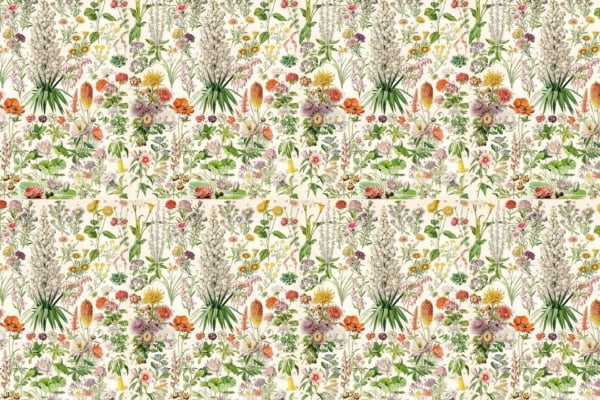 A detailed floral pattern wallpaper, showcasing a variety of vibrant flowers such as sunflowers, daisies, lupines, and wild roses. Green leaves and stems weave through the design set against a crisp white background. The rich tapestry evokes Elizabeth's Garden with bright yellows, whites, purples, pinks, and lush green hues. Ideal for searches highlighting botanical motifs with strong elements of sunflowers, daisies, lupines, wild roses on a classic white backdrop.
