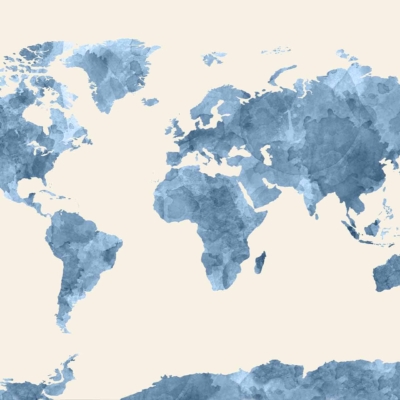 Cool blue watercolor world map wallpaper, beige background, artistic brushstroke textures, varying shades of blue. Focused on continents and major geographical regions, centered on the Atlantic Ocean. Poles partially visible. Evokes escapism and relaxation.