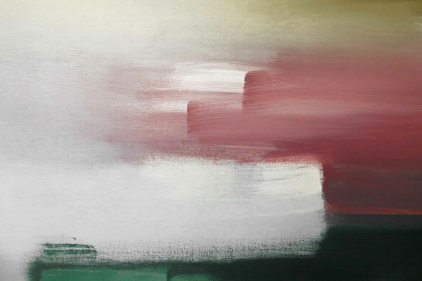 Muted abstract painting with ethereal sleep vibes in wallpaper. Top features a gradient from light yellow to green. Middle showcases soft reddish-brown brushstrokes. Bottom transitions into dark green and white abstract shapes.