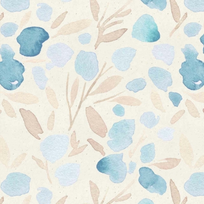 Seamless pattern wallpaper with blues and teal watercolor-style flowers, beige leaves, and a light beige background. The design is soft, delicate, airy, and whimsical with a cowgirl's gentle touch.