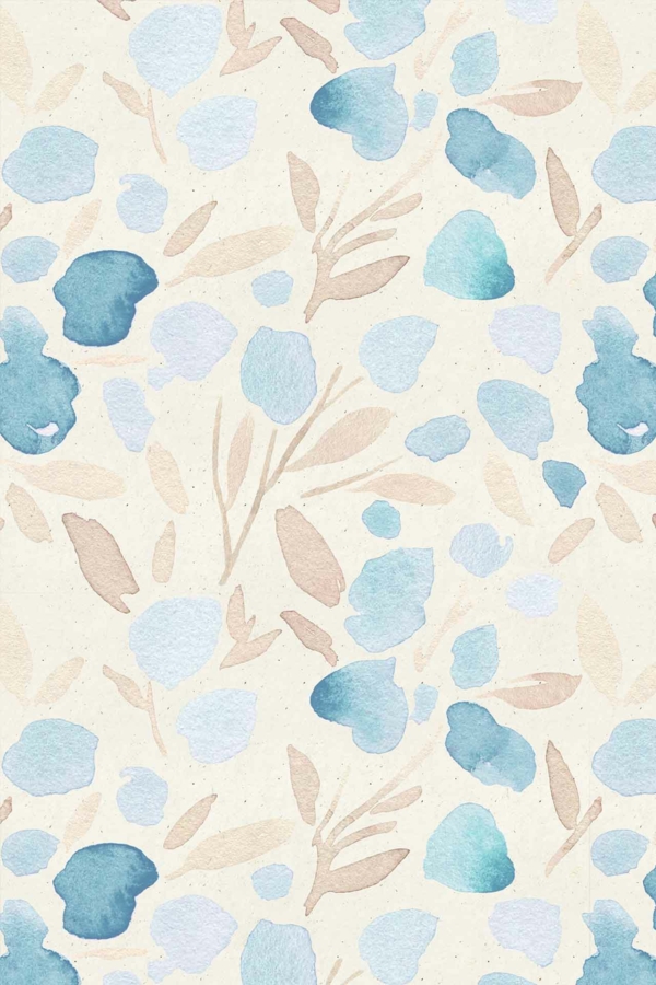 Seamless pattern wallpaper with blues and teal watercolor-style flowers, beige leaves, and a light beige background. The design is soft, delicate, airy, and whimsical with a cowgirl's gentle touch.