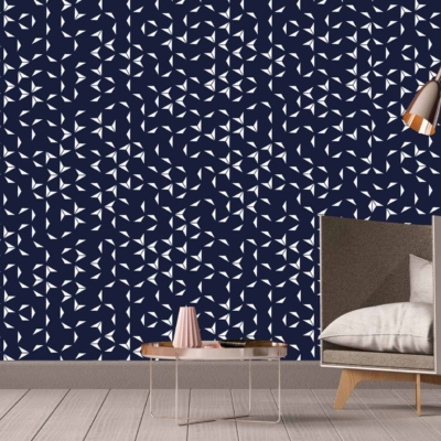 Modern living space wallpaper: dark blue backdrop, white geometric pattern (Every Which Way).
