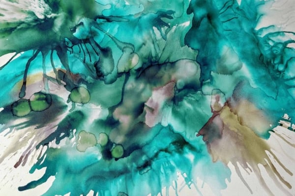 Abstract watercolor wallpaper with vibrant splashes of turquoise and green, accented by hints of brown. Organic blending and fluid movement create an expressive and dynamic canvas.