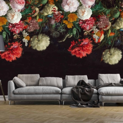 The wallpaper features vibrant flowers in shades of red, pink, orange, and white on a dark background.