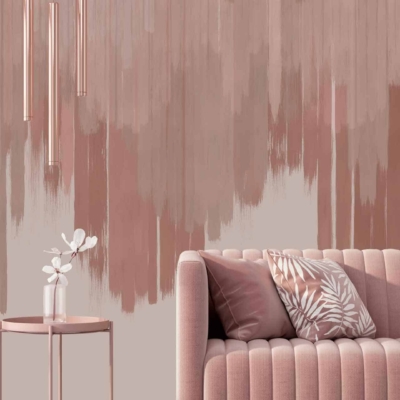 The wallpaper features a gradient backdrop with vertical brushstroke-like patterns. It showcases shades of pink and beige, creating a soft, modern aesthetic perfect for stylish living spaces.