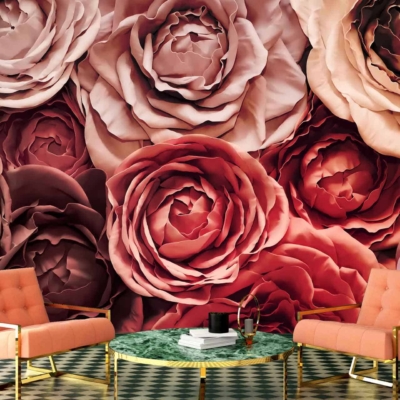 Dramatic wall mural featuring large, blooming roses in shades of pink and red.