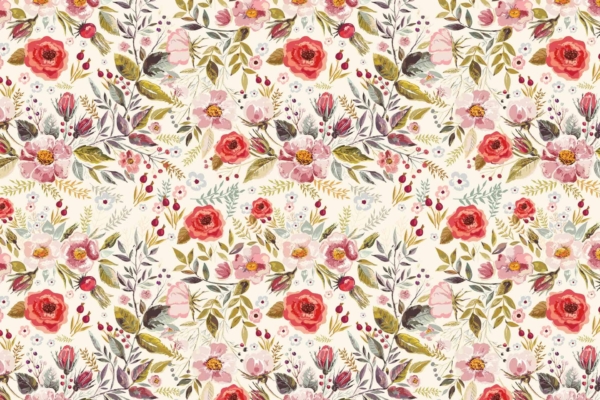 A seamless floral pattern with vibrant red, pink, and white flowers, complemented by green leaves and delicate branches. The design features a watercolor effect for a soft, artistic look against a light beige background. Elements: watercolor flowers, green leaves, delicate branches. Colors: red, pink, white, green, light beige.