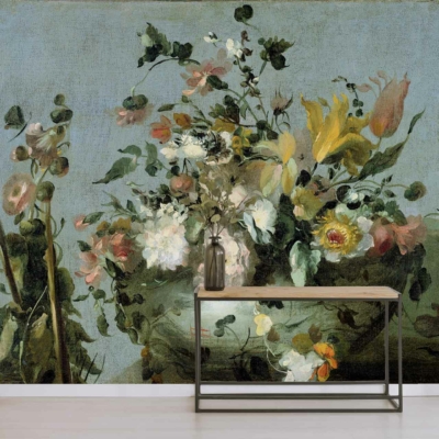 The wallpaper is a large mural of vibrant, detailed flowers on a textured background. It features an array of colors like brilliant reds, deep purples, soft pinks, sunny yellows, and lush greens. The design highlights intricately rendered petals and leaves with varying shades and fine details.