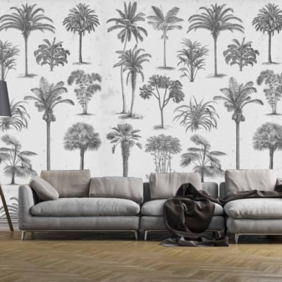 Monochrome palms patterned wallpaper, featuring detailed palm leaves in shades of black and gray.