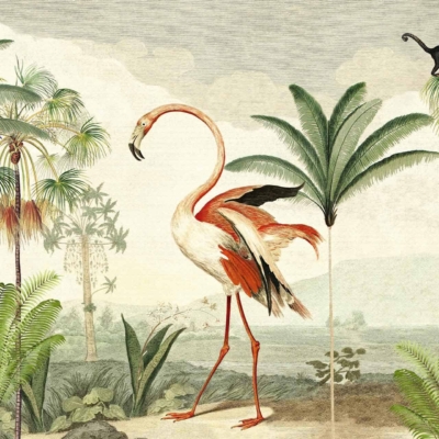 Illustration Wallpaper: A vibrant pink flamingo stands gracefully amid lush green tropical plants and trees. In the background, a small monkey is perched on a tall palm tree. The scene exudes vivid shades of pink, green, and accents of brown from the palm tree trunks, encapsulating the theme