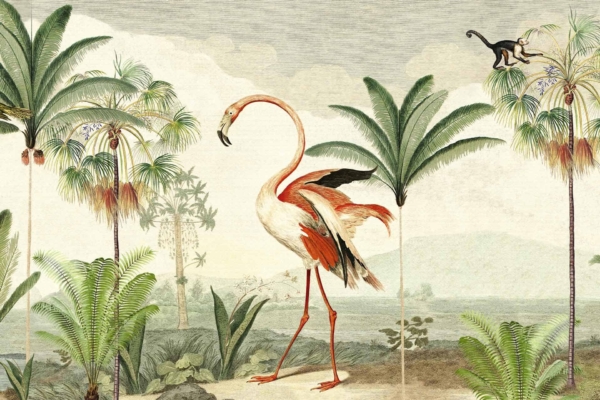 Illustration Wallpaper: A vibrant pink flamingo stands gracefully amid lush green tropical plants and trees. In the background, a small monkey is perched on a tall palm tree. The scene exudes vivid shades of pink, green, and accents of brown from the palm tree trunks, encapsulating the theme "Find Your Flock" within nature's lively community.