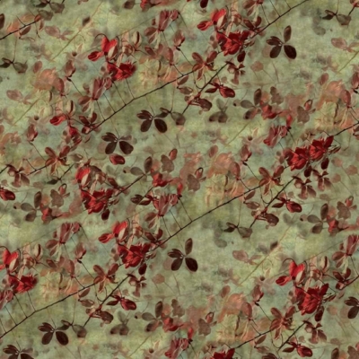 Autumnal leaf-patterned wallpaper featuring red, brown, and green leaves in a repeating diagonal design on a soft greenish-beige backdrop. Elements include textured leaves, fall colors, natural pattern, and hints of early spring.
