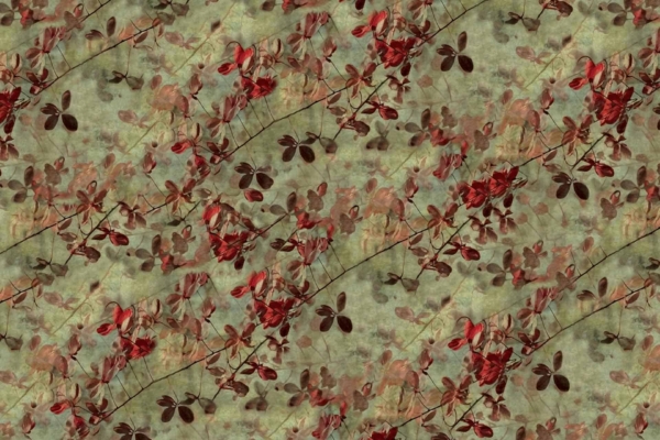 Autumnal leaf-patterned wallpaper featuring red, brown, and green leaves in a repeating diagonal design on a soft greenish-beige backdrop. Elements include textured leaves, fall colors, natural pattern, and hints of early spring.