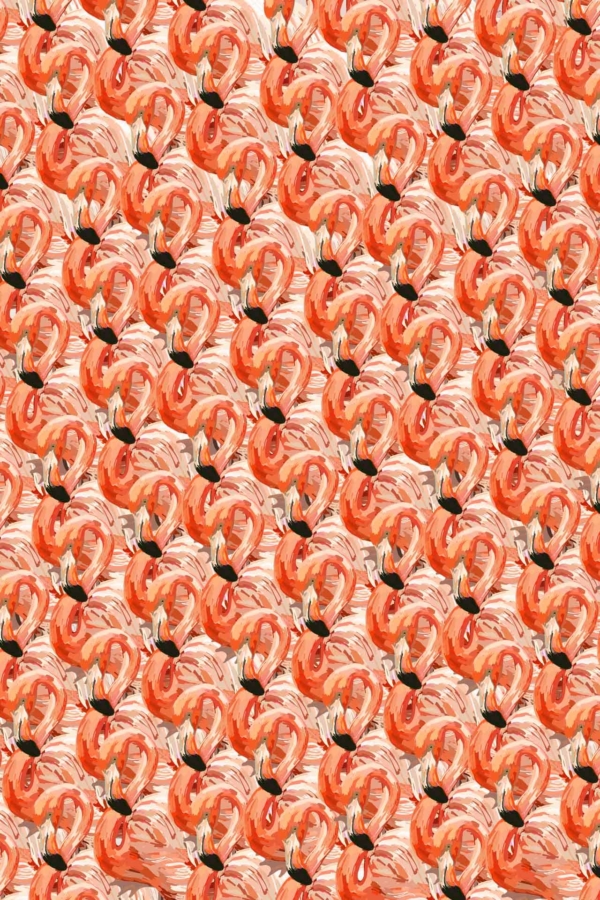 A seamless pattern of watercolor pomegranates and flamingos features vibrant red and orange hues with swirling brushstrokes. Each pomegranate showcases a crown-like calyx. The lively design uses abundant visual textures and bright colors to create an eye-catching wallpaper. Keywords: watercolor, pomegranates, flamingos, vibrant red, orange hues, crown-like calyx, swirling brushstrokes, lively visual texture.