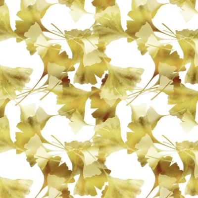 Seamless pattern of light green ginkgo leaves, slightly overlapping. Airy and serene design on a white background. Delicate nature-inspired aesthetic. Colors: light green, white. Elements: ginkgo leaves, overlapping arrangement.