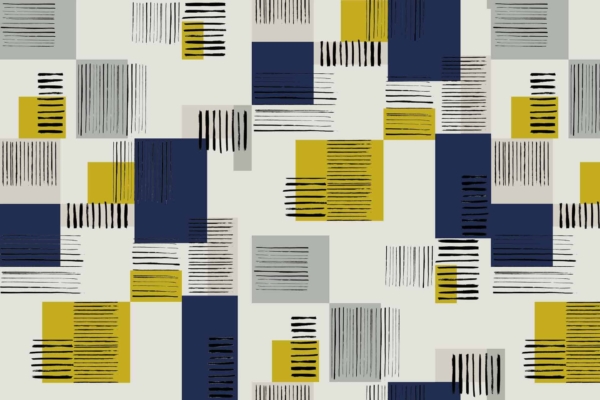 Modern geometric wallpaper, abstract design, floating rectangles, linear scribbles, shades of blue, gray, yellow, black. Light background. Solid colors and parallel lines appear within the rectangles.