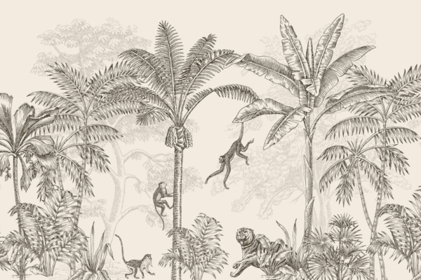 A detailed, vintage-style black and white illustration adorns the wallpaper, depicting a lively tropical jungle scene. Monkeys, intricately climbing and swinging on palm trees with meticulous attention to detail, share the lush habitat with a prowling tiger. The dense foliage is rich and flourishing, bringing depth and vibrancy to the backdrop despite its monochrome palette. Elements such as "monkeys," "palm trees," "tiger," "dense foliage," and "tropical jungle" are prominently highlighted in this vibrant yet classic wallpaper design.
