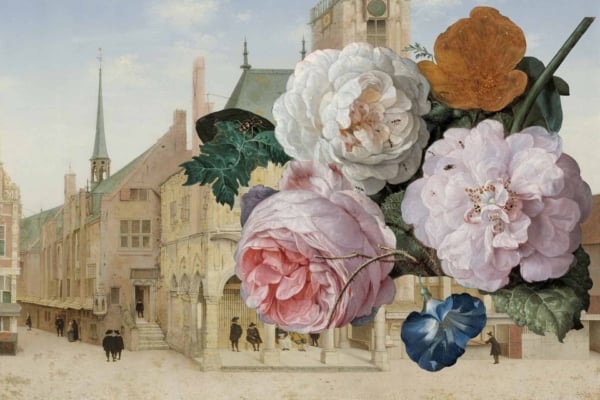 A historical painting showcasing a charming old European town square, characterized by quaint buildings and a handful of strolling figures. The foreground captivates with an elaborate bouquet of oversized, blooming flowers like roses and morning glories. The wallpaper highlights intricate floral patterns with rich reds, soft pinks, deep blues, lush greens, and subtle ivory accents. Tags: historical painting wallpaper, oversized flowers, roses and morning glories pattern, European town square backdrop.