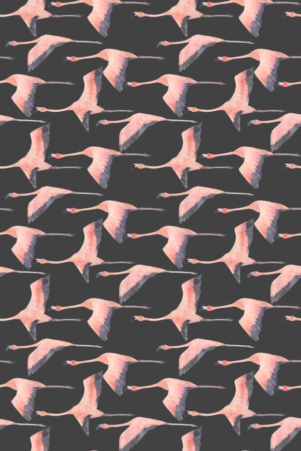 Patterned wallpaper featuring pink flamingos flying against a dark background. The flamingos have outstretched wings in various poses, creating a continuous movement effect. Elements include pink flamingos, outstretched wings, dark background, and dynamic flight poses. Colors: pink and dark tones.