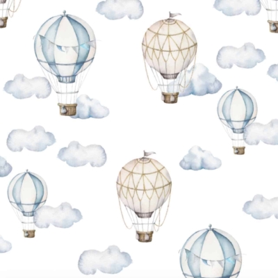 Illustration of light blue and cream-colored hot air balloons flying high among soft, fluffy clouds on a white background. The pattern is repeated, creating a whimsical and serene sky-themed design. Elements include hot air balloons, fluffy clouds, and the colors light blue, cream, and white.