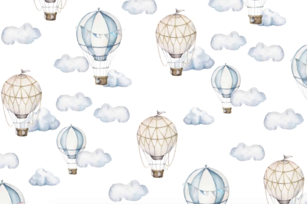 Illustration of light blue and cream-colored hot air balloons flying high among soft, fluffy clouds on a white background. The pattern is repeated, creating a whimsical and serene sky-themed design. Elements include hot air balloons, fluffy clouds, and the colors light blue, cream, and white.