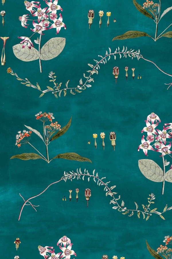 Intricate botanical illustration on a teal background featuring detailed drawings of various flowers, leaves, and branches. The design includes small, delicate flowers in groups with light pinks and soft yellows, stems with green leaves, and flowering branches. This elegant and natural pattern is perfect for every season. Key elements: intricately drawn flowers, teal backdrop, green stems and leaves, light pinks, soft yellows.