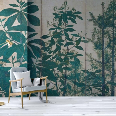 The wallpaper displays large botanical prints in shades of green and blue, featuring various plants and trees, creating a tranquil forest atmosphere.