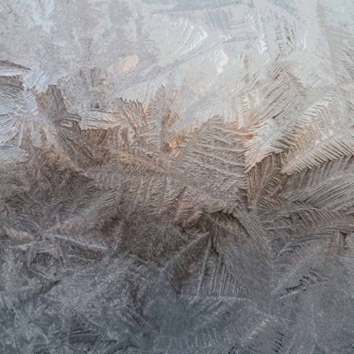 The wallpaper showcases intricate, delicate frost patterns on a window resembling ferns and leaves. The designs are illuminated by soft, natural light, highlighting the texture and detail of the frost. Colors include frosty whites and icy blues against a clear glass background, creating a serene and wintery scene reminiscent of bygone days.