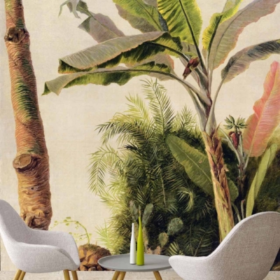 Large green banana leaves, palm fronds, vibrant tropical wallpaper, nature-inspired backdrop.