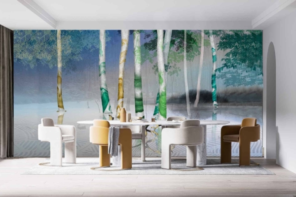 Mural features serene forest scene with tall trees. Colors include greens, browns, and vibrant hues creating a tranquil yet artistic ambiance that bridges past and future visions.
