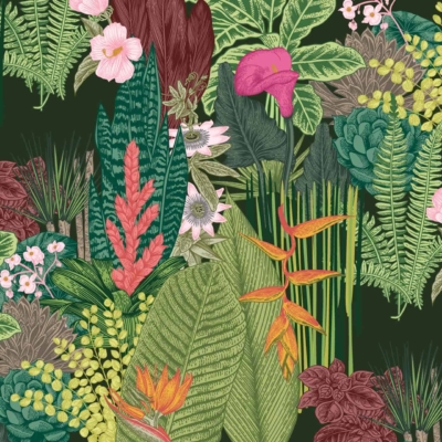 Vibrant and dense tropical jungle wallpaper. Features include: green leaves from various plants, colorful flowers in pink, red, orange, yellow hues. Dark green background enhances vivid colors.