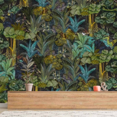 The wallpaper features dense foliage in various shades of green and blue, reminiscent of the Gardens of Babylon. It includes lush tropical leaves, intricate vines, and exotic plants, creating a vibrant jungle theme.