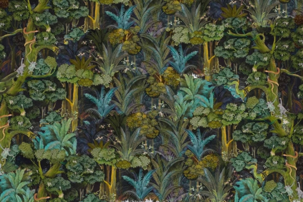 A detailed wallpaper featuring a dense, vibrant tropical jungle with lush green trees, palm fronds, intricate foliage, and climbing vines. The scene is richly layered and reminiscent of the Gardens of Babylon. Predominant colors include various shades of green from emerald to olive, alongside occasional hints of earth tones and subtle splashes of tropical blooms.
