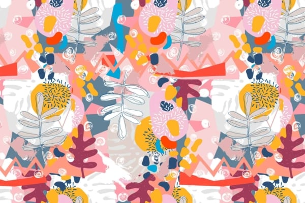 Introducing a vibrant abstract wallpaper featuring a lively mix of shapes, leaves, and colorful splashes in pink, blue, orange, yellow, and white tones. This SEO-friendly design showcases overlapping leaves with energetic spots and geometric shapes that create a chaotic yet captivating visual effect. Perfect for those seeking a dynamic and eye-catching background.