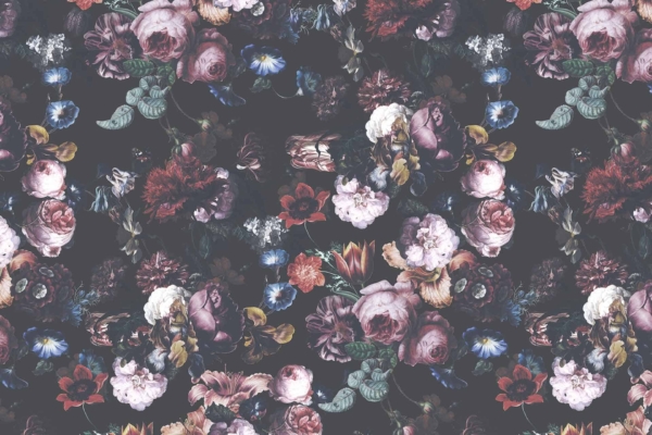 A dark, intricate floral wallpaper features a variety of flowers in shades of pink, red, white, and purple. Green leaves intersperse the rich arrangement. Each bloom overlaps against a black background to evoke family history and generations.