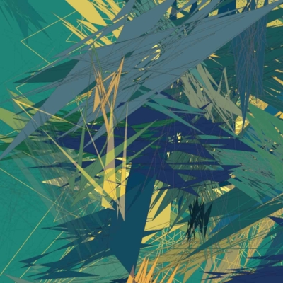 Abstract digital artwork, sharp angular shapes, lines in shades of green, yellow, dark blue. Overlapping geometric forms. Dynamic and chaotic visual effect. Teal background resembling Geneva’s artistic flair. Vibrant energy of travel encapsulated in wallpaper design.