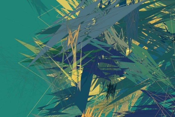 Abstract digital artwork, sharp angular shapes, lines in shades of green, yellow, dark blue. Overlapping geometric forms. Dynamic and chaotic visual effect. Teal background resembling Geneva’s artistic flair. Vibrant energy of travel encapsulated in wallpaper design.